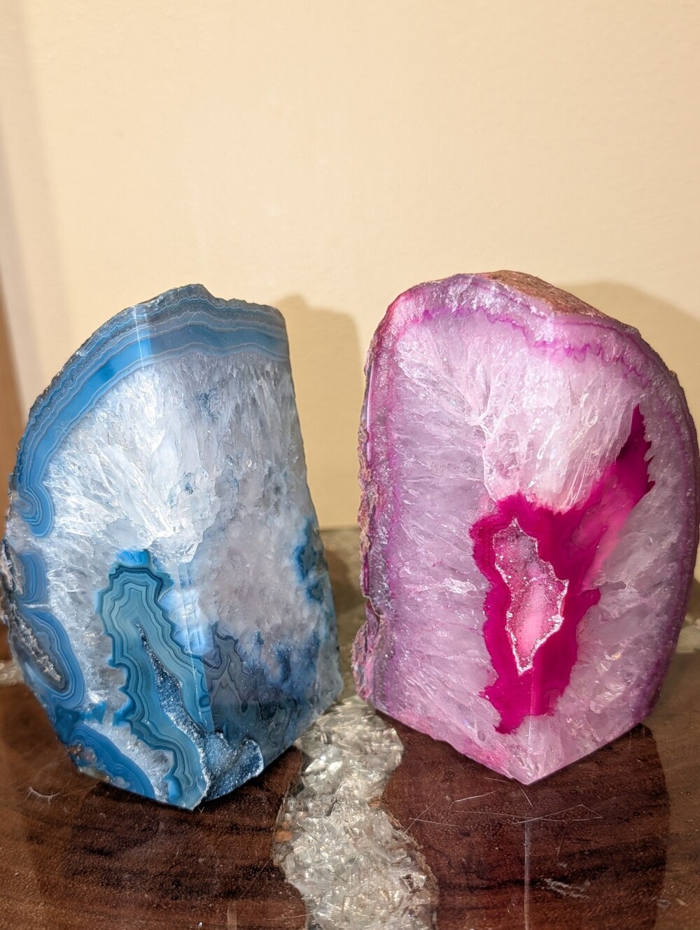 Agate Geodes Pair of Dyed Sections in Pink & Teal w/ Druzy - Picture 3 of 16